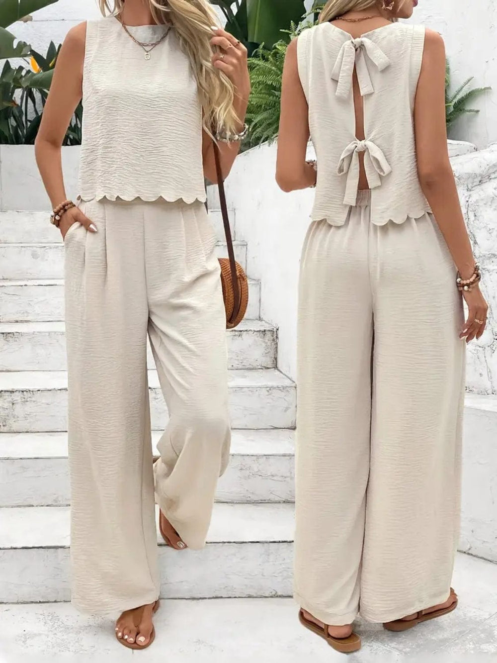 Tie Back Round Neck Top and Pants Set - Trendsi