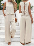 Tie Back Round Neck Top and Pants Set - Trendsi
