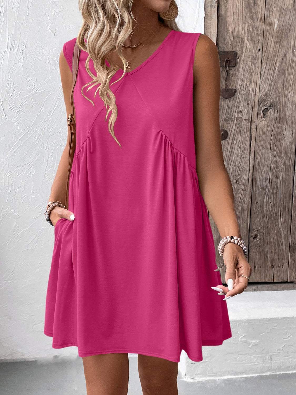 Ivy Lane Ruched V-Neck Sleeveless Mini Dress - Trendsi - Flyclothing LLC