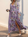 Slit Printed Surplice Long Sleeve Maxi Dress - Trendsi - Flyclothing LLC