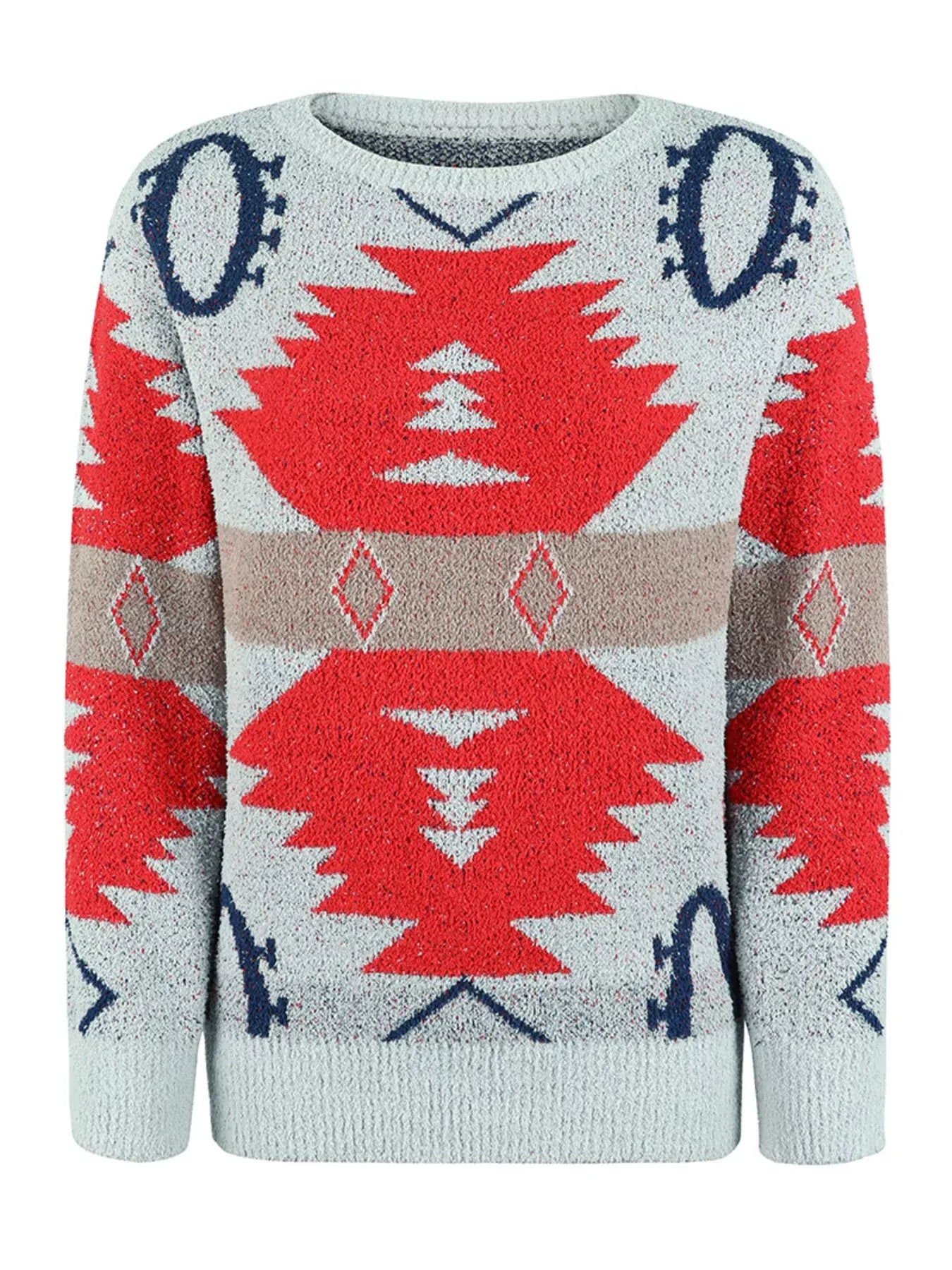 Geometric Round Neck Long Sleeve Sweater - Trendsi - Flyclothing LLC