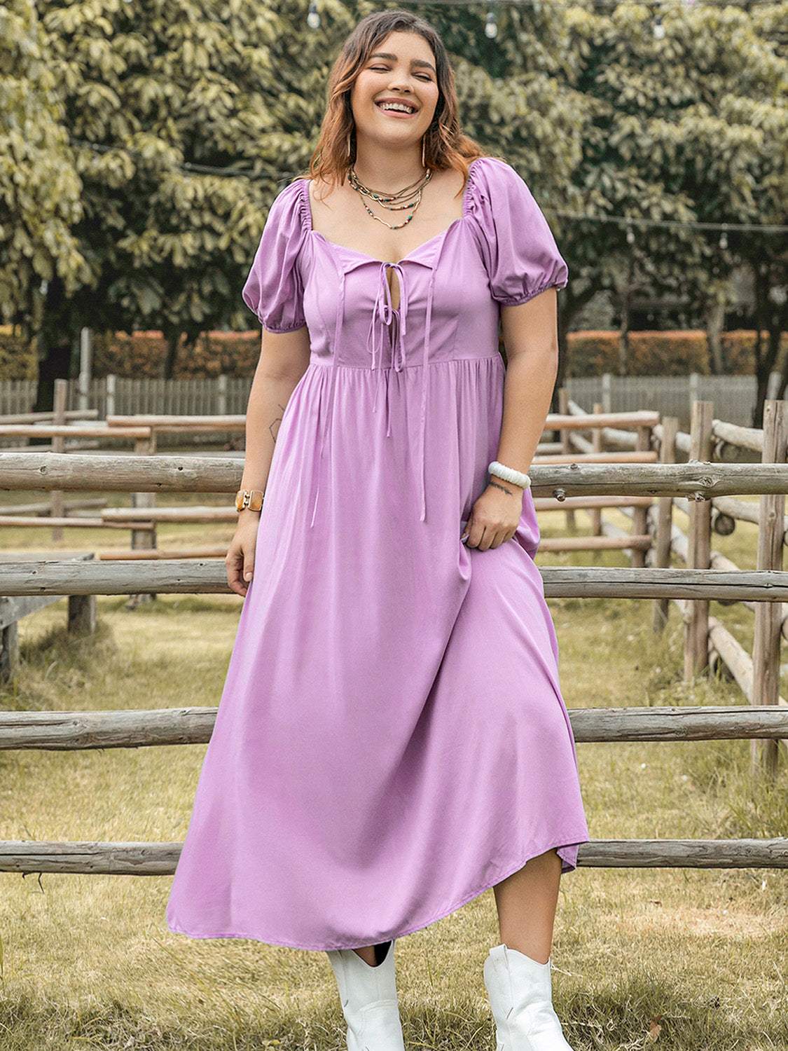 Plus Size Tie Neck Short Sleeve Dress - Trendsi - Flyclothing LLC