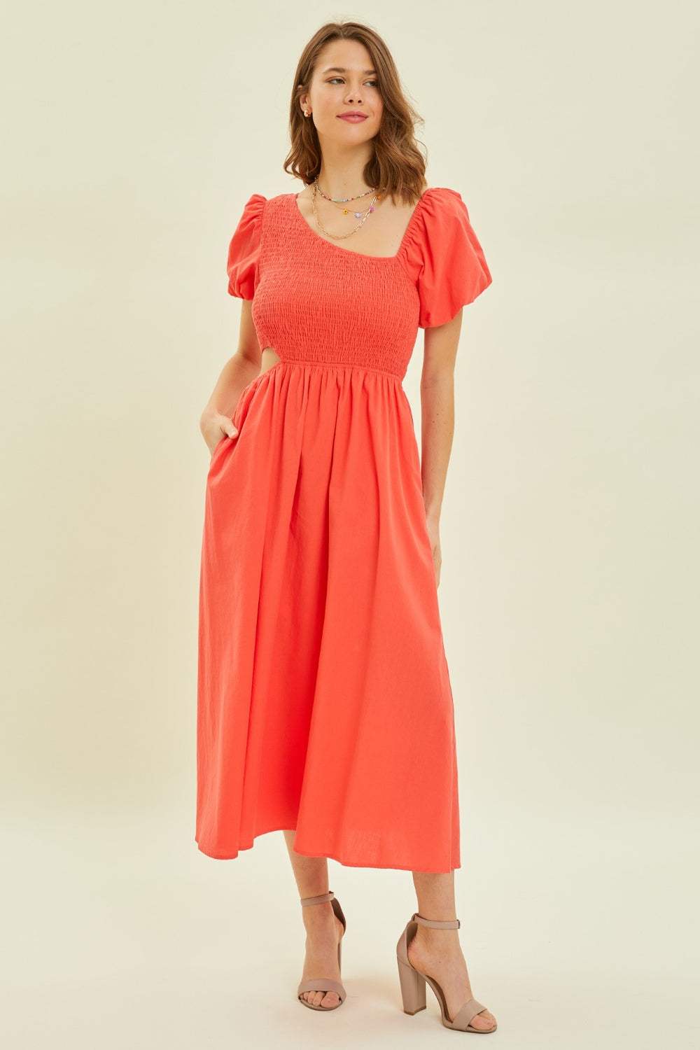 HEYSON Smocked Cutout Midi Dress - Trendsi - Flyclothing LLC