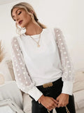 Swiss Dot Round Neck Long Sleeve Blouse - Trendsi