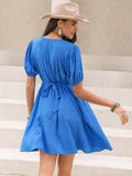Tied Swiss Dot V-Neck Short Sleeve Dress - Trendsi