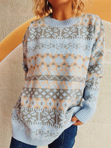 Geometric Round Neck Dropped Shoulder Sweater - Trendsi - Flyclothing LLC