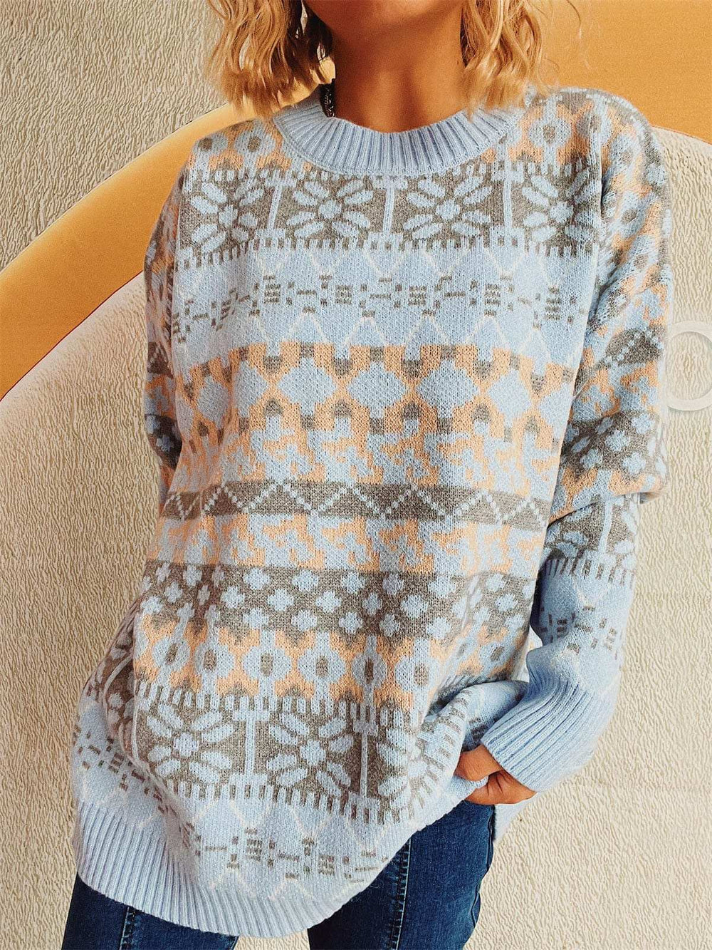 Geometric Round Neck Dropped Shoulder Sweater - Trendsi - Flyclothing LLC