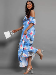 Pleated Floral Off-Shoulder Short Sleeve Midi Dress - Trendsi