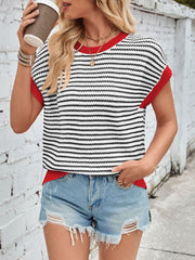 Lovelet Striped Round Neck Cap Sleeve Sweater - Trendsi