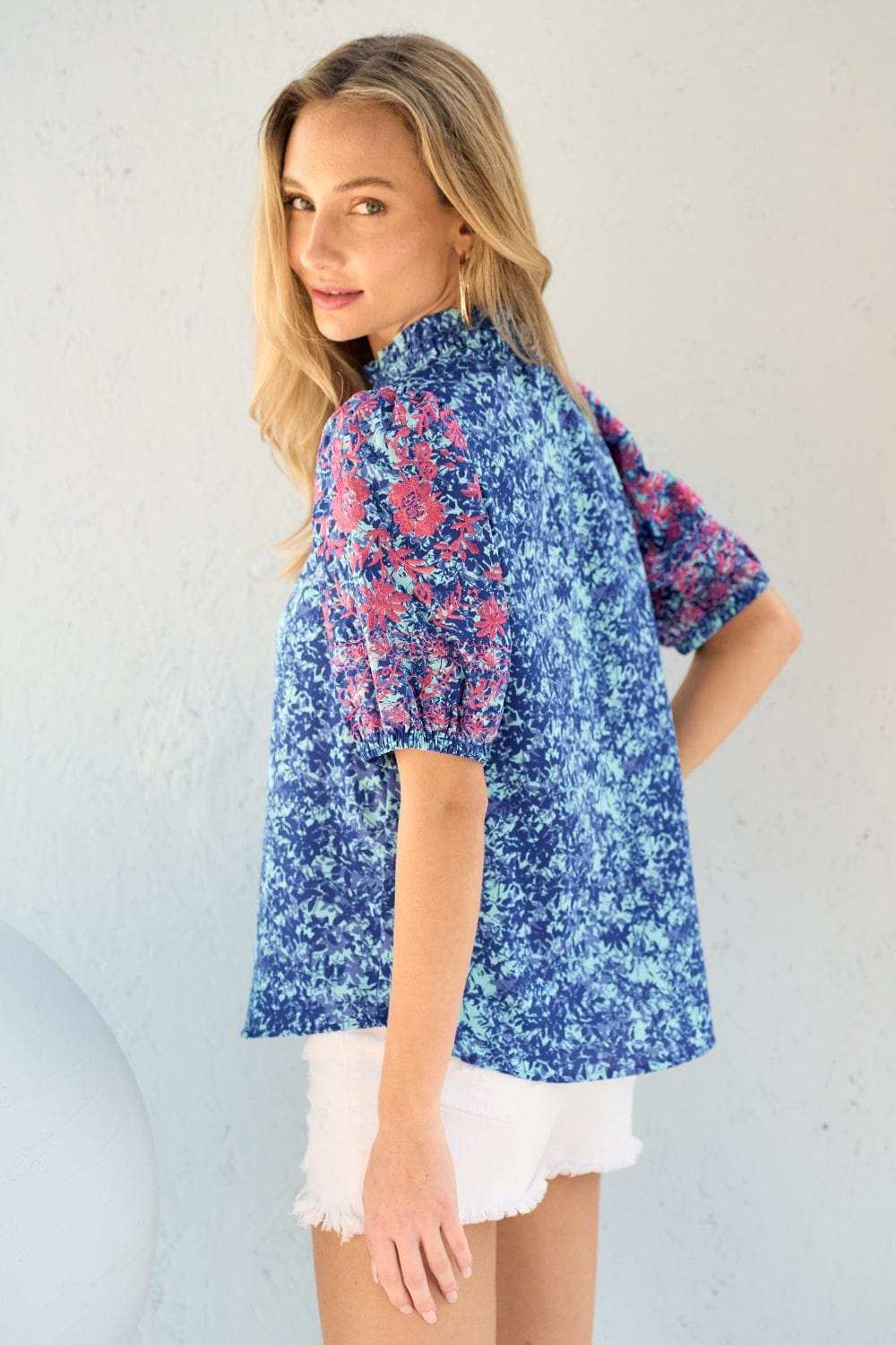 Hailey & Co Embroidered Puff Sleeve Printed Blouse - Trendsi - Flyclothing LLC