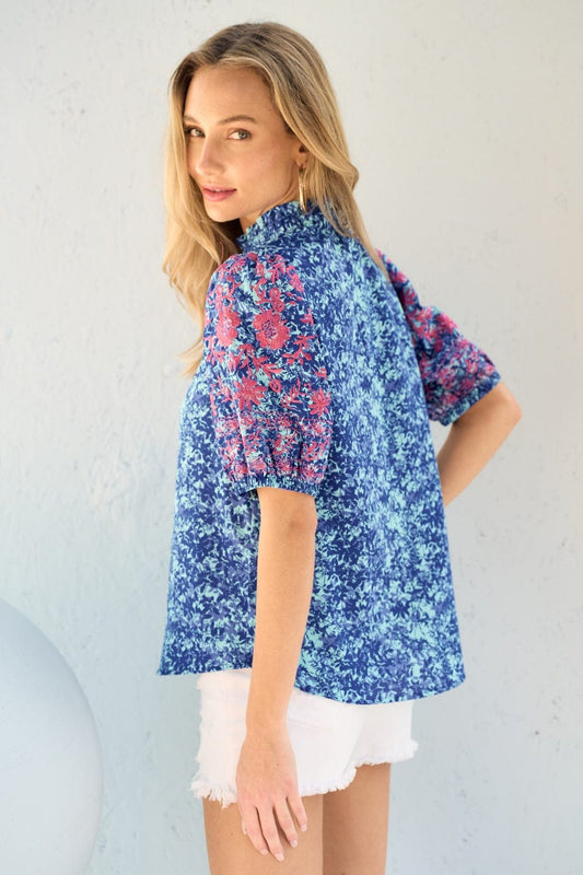 Hailey & Co Embroidered Puff Sleeve Printed Blouse - Trendsi