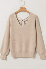 Tied Back V-Neck Long Sleeve Sweater - Trendsi - Flyclothing LLC