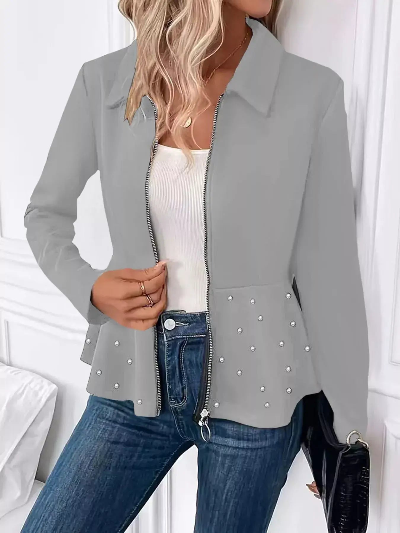 Pearl Embellished Zip-Up Peplum Outerwear - Trendsi - Flyclothing LLC