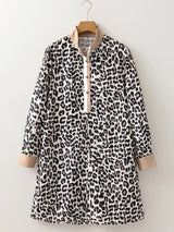 Striped Collar Leopard Print Long Sleeve Flared Dress - Trendsi - Flyclothing LLC