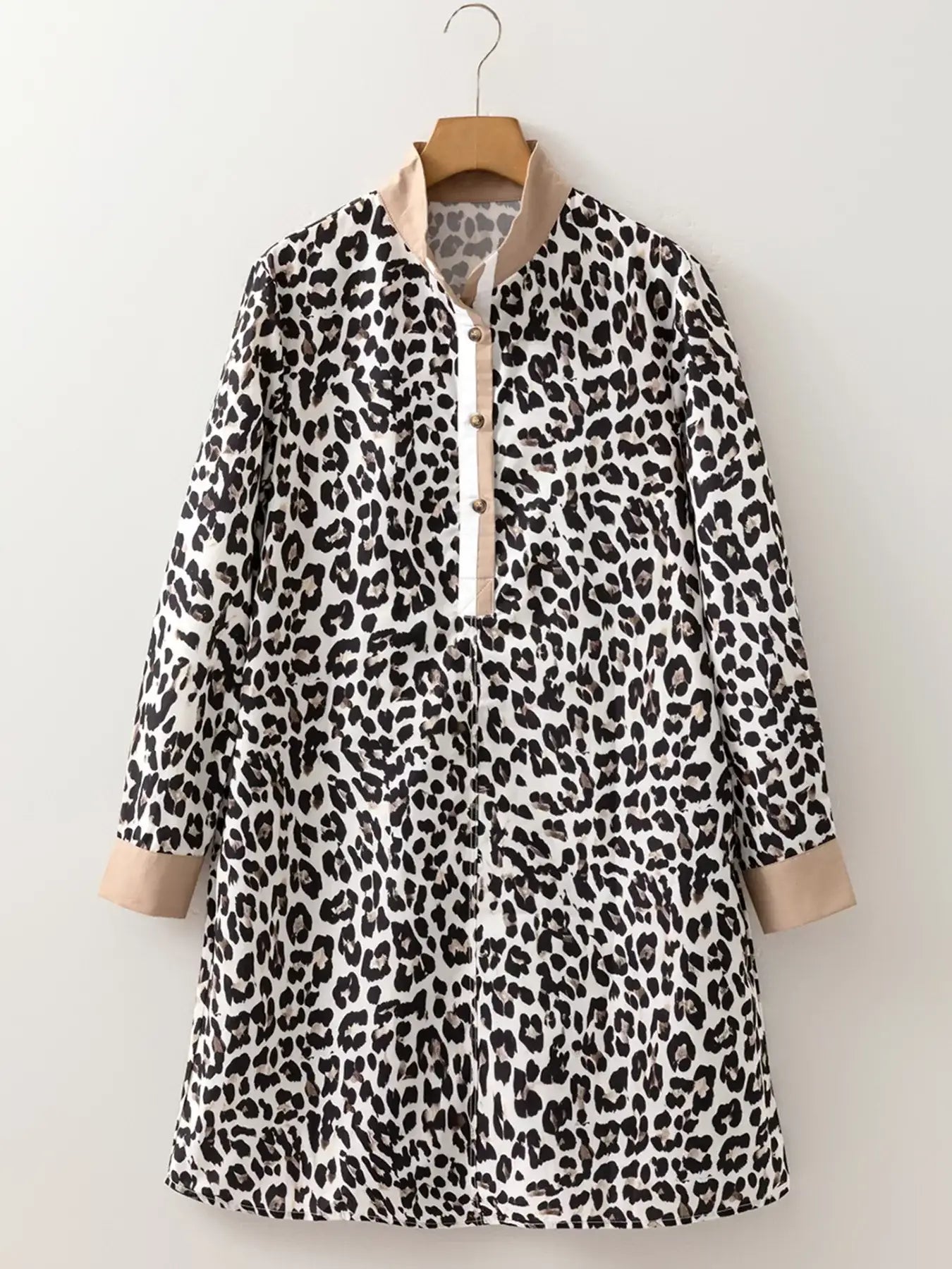 Striped Collar Leopard Print Long Sleeve Flared Dress - Trendsi - Flyclothing LLC