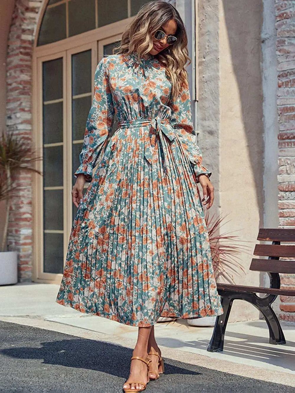 Perfee Tied Pleated Printed Mock Neck Long Sleeve Dress - Trendsi - Flyclothing LLC
