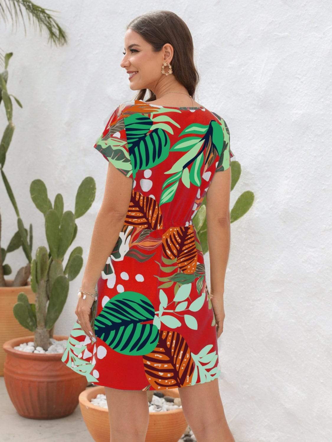 Drawstring Printed V-Neck Mini Dress - Trendsi - Flyclothing LLC