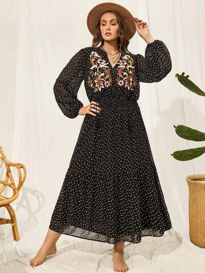 Plus Size Embroidered Tassel Balloon Sleeve Dress - Trendsi - Flyclothing LLC
