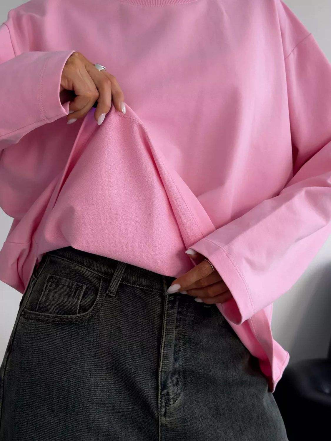 Round Neck Dropped Shoulder Long Sleeve T-Shirt - Trendsi - Flyclothing LLC