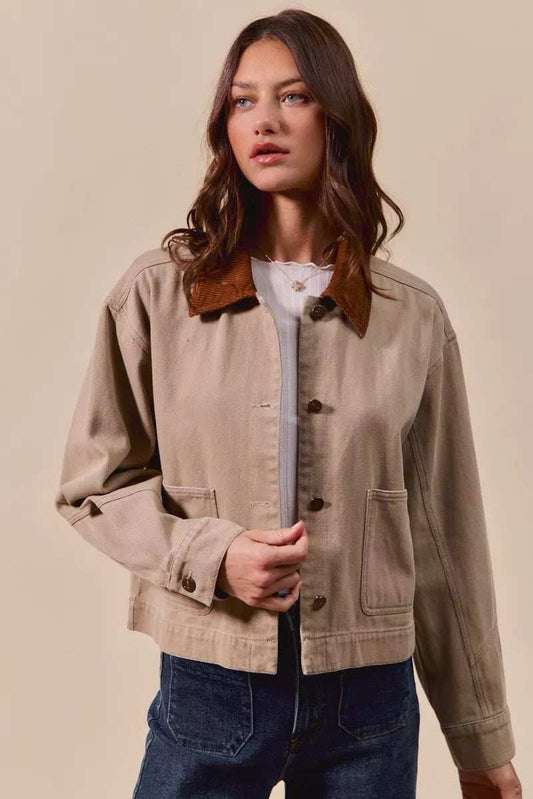 SO ME Cotton Twill Cropped Barn Jacket wtih Collar - Trendsi - Flyclothing LLC