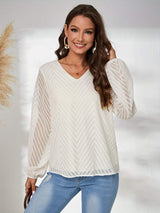 Textured V-Neck Balloon Sleeve Blouse - Trendsi - Flyclothing LLC