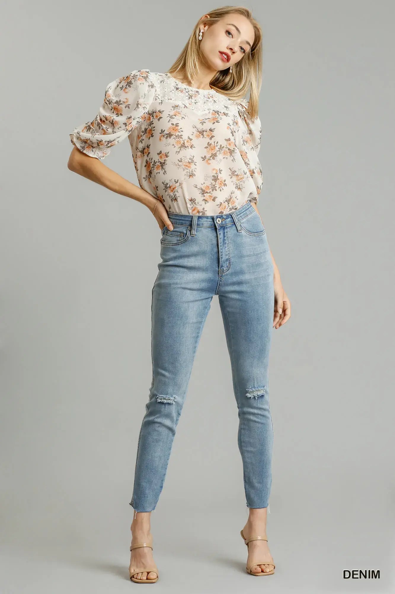 Umgee 5-Pockets Distressed Detail Stretch Denim Skinny Jeans with Unfinished Hem - Trendsi - Flyclothing LLC