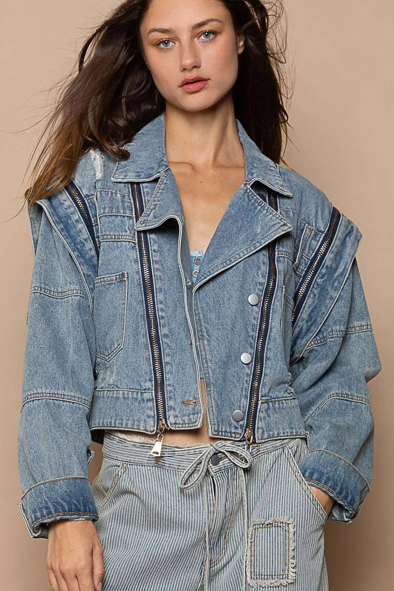 POL Cropped Denim Jacket with Functional Zipper Detail - Trendsi