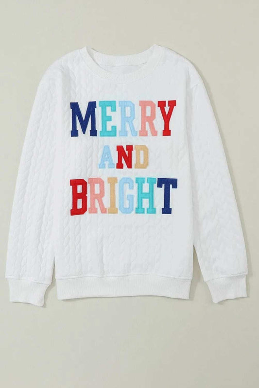 Full Size MERRY AND BRIGHT Cable Knit Pullover Sweatshirt - Trendsi - Flyclothing LLC