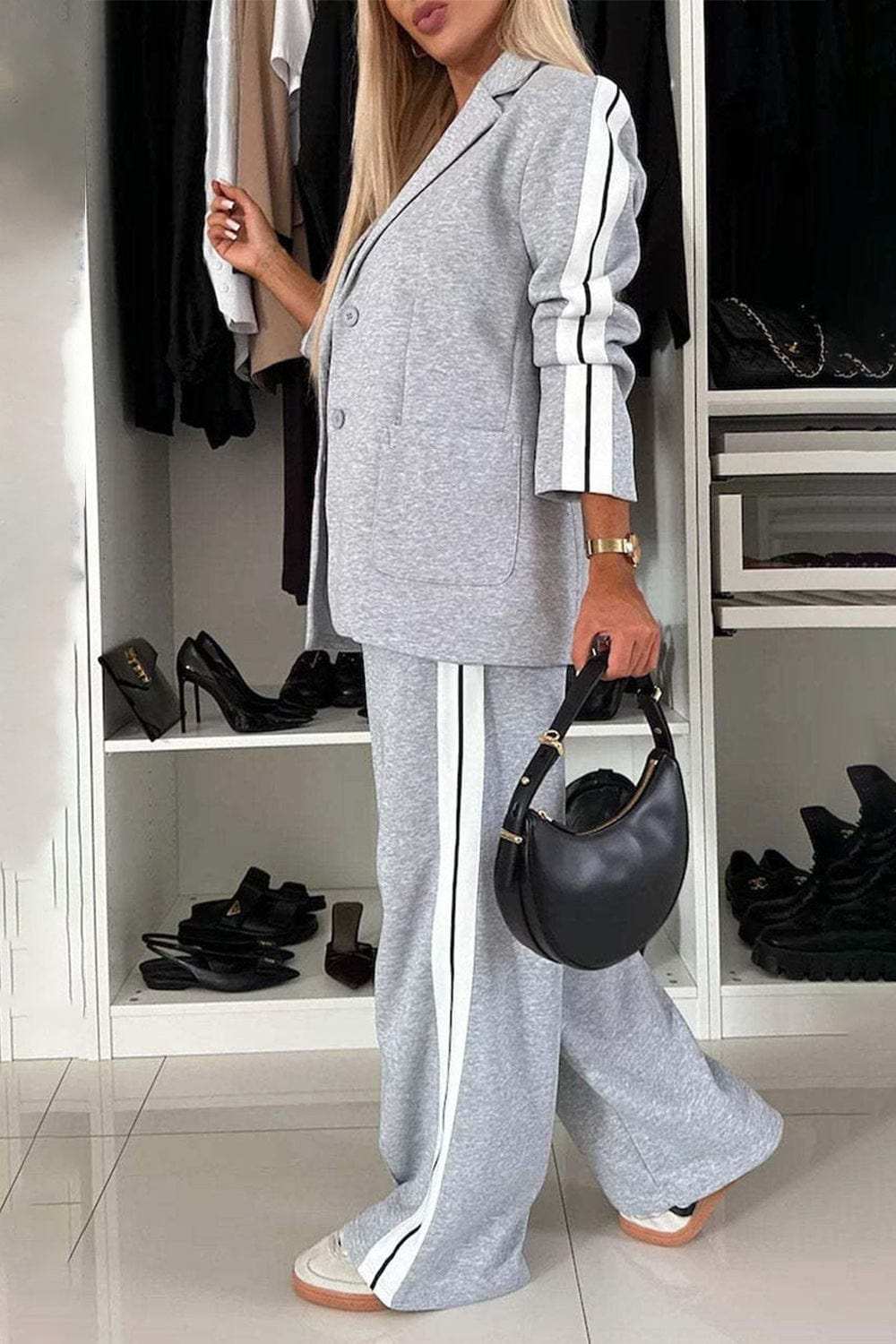 Full Size Contrast Lapel Collar Top and Pants Set - Trendsi - Flyclothing LLC