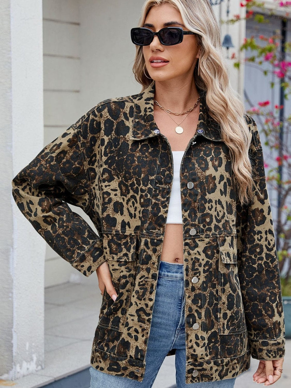 Leopard Button Up Drop Shoulder Denim Jacket - Trendsi