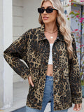 Leopard Button Up Drop Shoulder Denim Jacket - Trendsi
