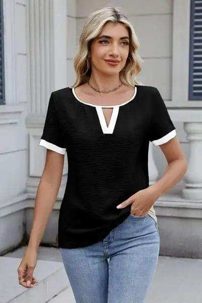 Cutout Round Neck Short Sleeve Top - Trendsi - Flyclothing LLC