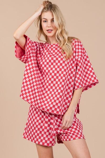 Ces Femme Checkered Round Neck Top and Shorts Set - Trendsi