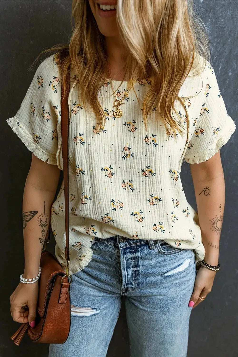 Raw Hem Printed Round Neck Short Sleeve Top - Trendsi - Flyclothing LLC