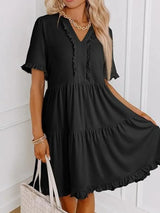 Tiered Notched Short Sleeve Mini Dress - Trendsi - Flyclothing LLC