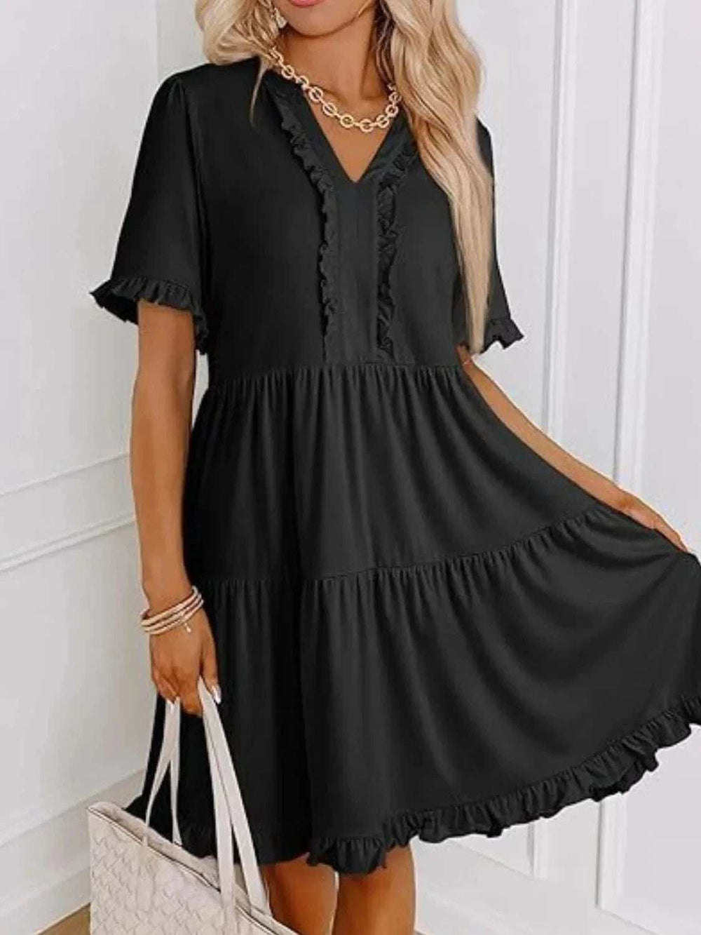 Tiered Notched Short Sleeve Mini Dress - Trendsi - Flyclothing LLC