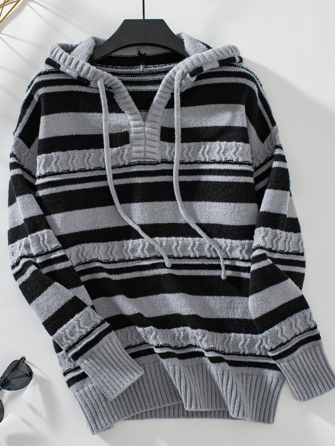 Drawstring Striped Long Sleeve Hooded Sweater - Trendsi
