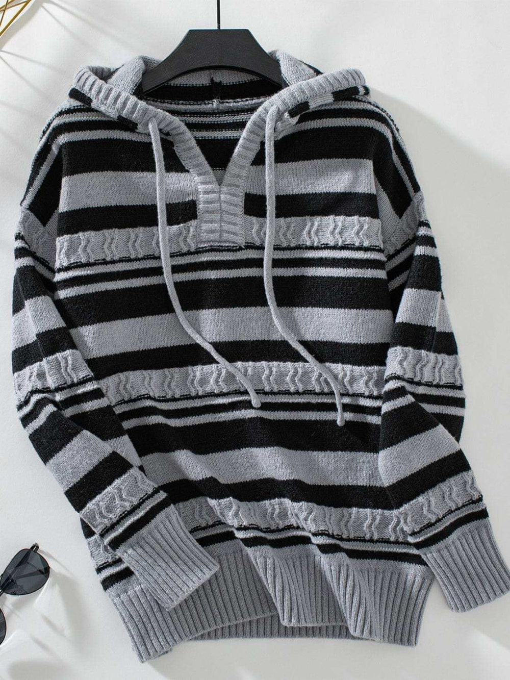 Drawstring Striped Long Sleeve Hooded Sweater - Trendsi - Flyclothing LLC