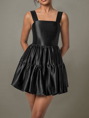Ruched Square Neck Wide Strap Mini Dress - Trendsi