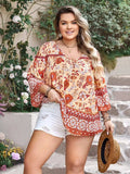 Plus Size Printed V-Neck Three-Quarter Sleeve Blouse - Trendsi - Flyclothing LLC