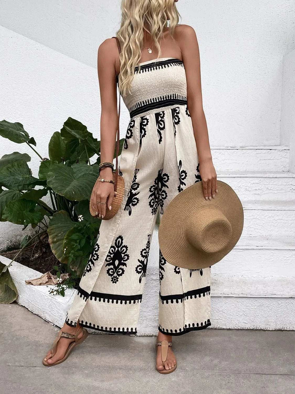 Smocked Printed Wide Leg Jumpsuit - Trendsi - Flyclothing LLC