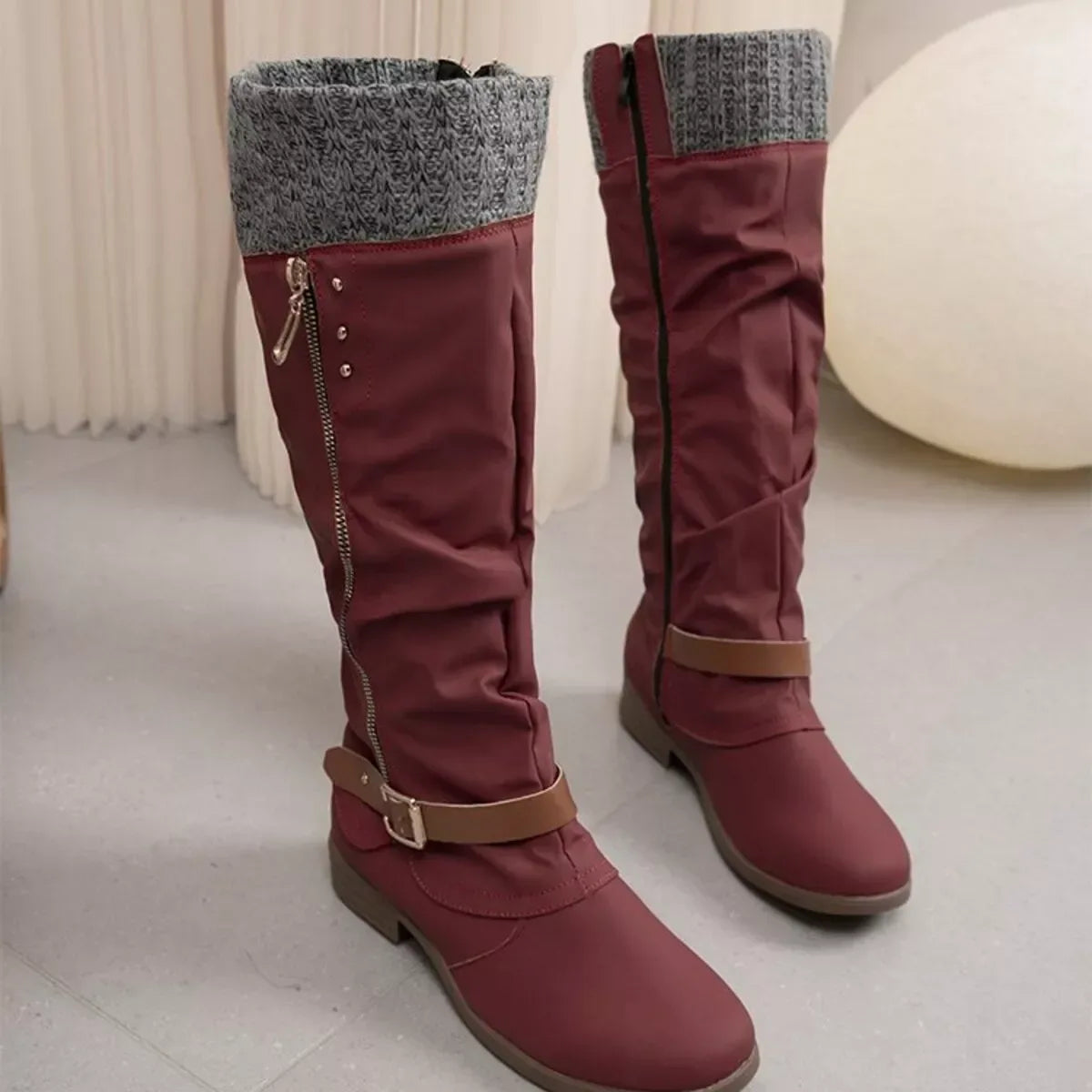 Knee High Slouch Boots with Knit Cuff - Trendsi - Flyclothing LLC