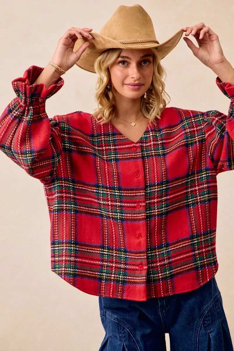 BiBi Christmas Plaid V-Neck Flounce Sleeve Jacket - Trendsi - Flyclothing LLC
