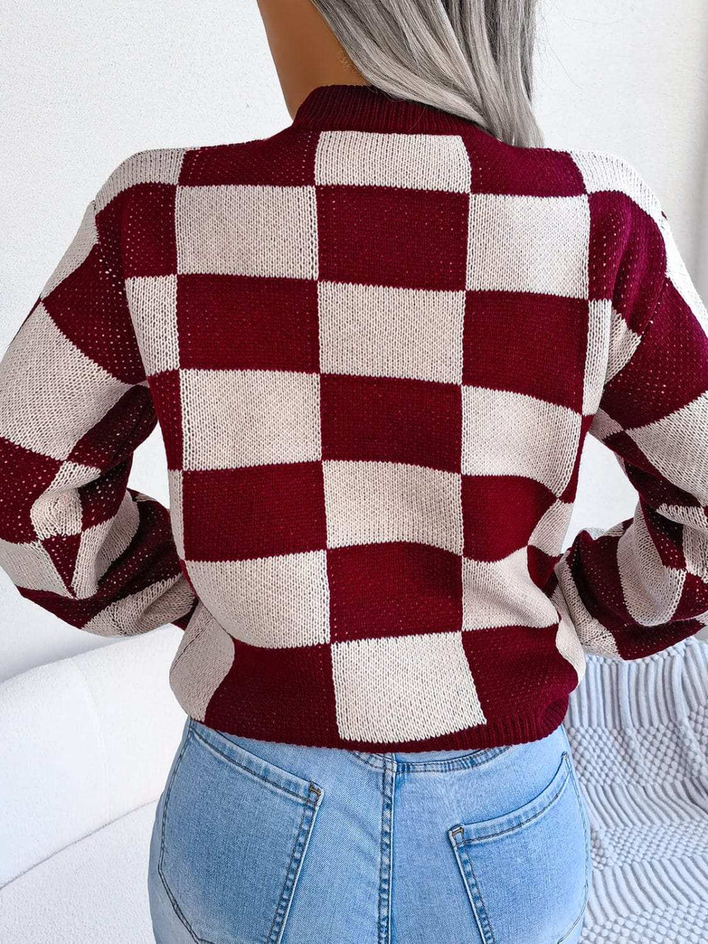 Checkered Mock Neck Long Sleeve Sweater - Trendsi - Flyclothing LLC