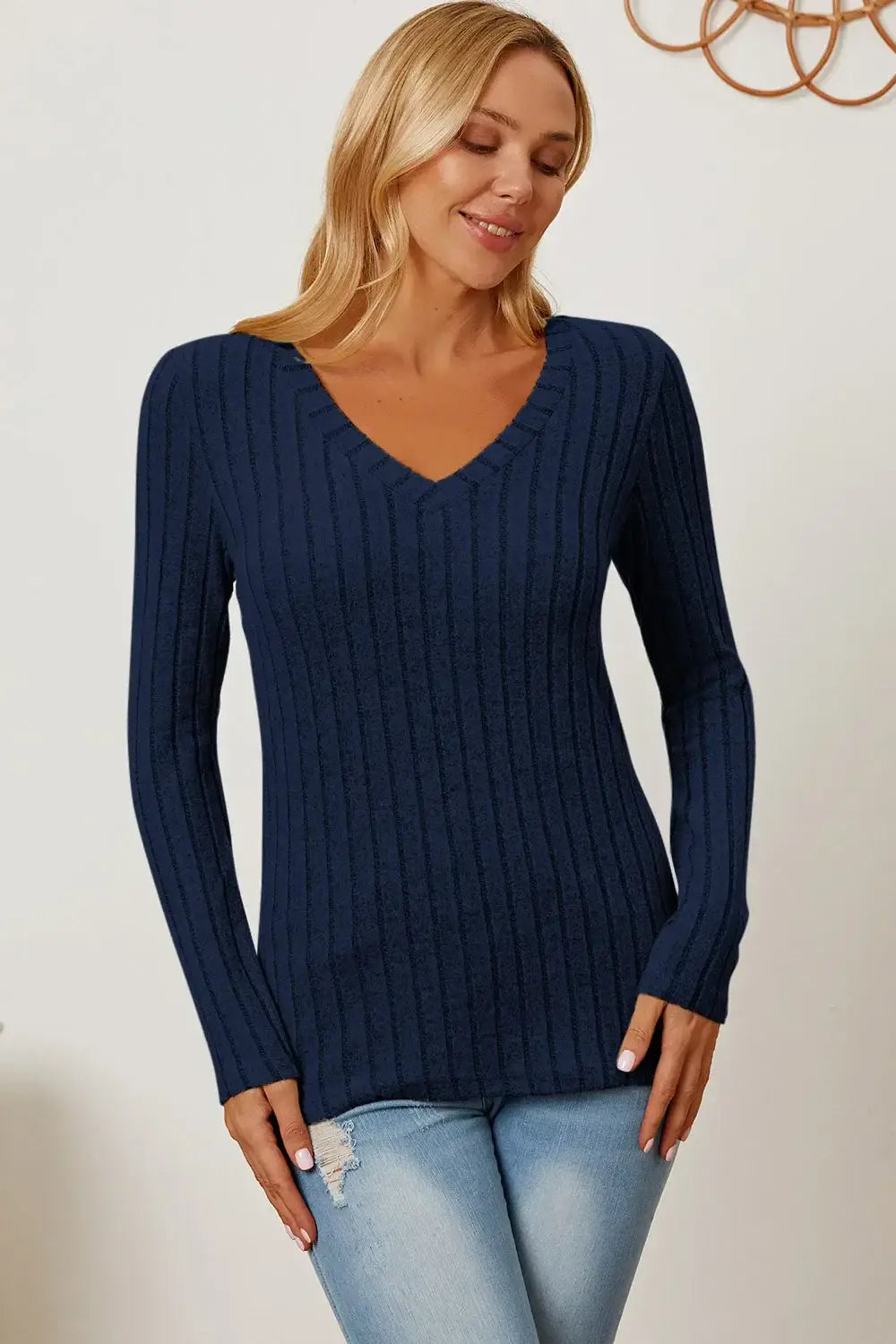 Basic Bae Full Size Ribbed V-Neck Long Sleeve T-Shirt - ShopBasicbae - Flyclothing LLC
