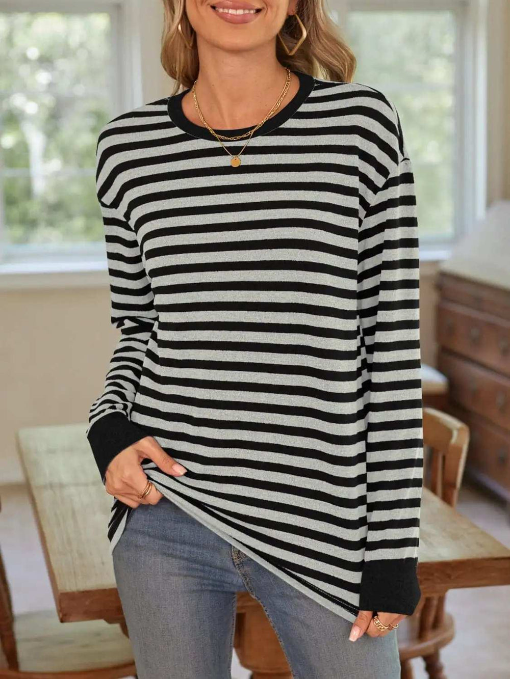 Striped Round Neck Long Sleeve T-Shirt - Trendsi - Flyclothing LLC