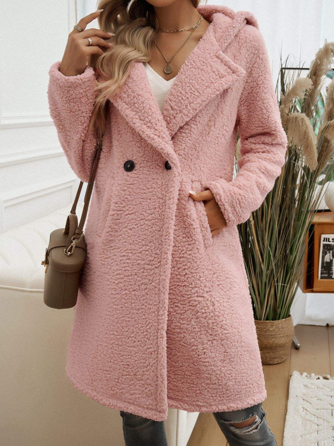 Devine Pocketed Long Sleeve Hooded Teddy Coat - Trendsi - Flyclothing LLC