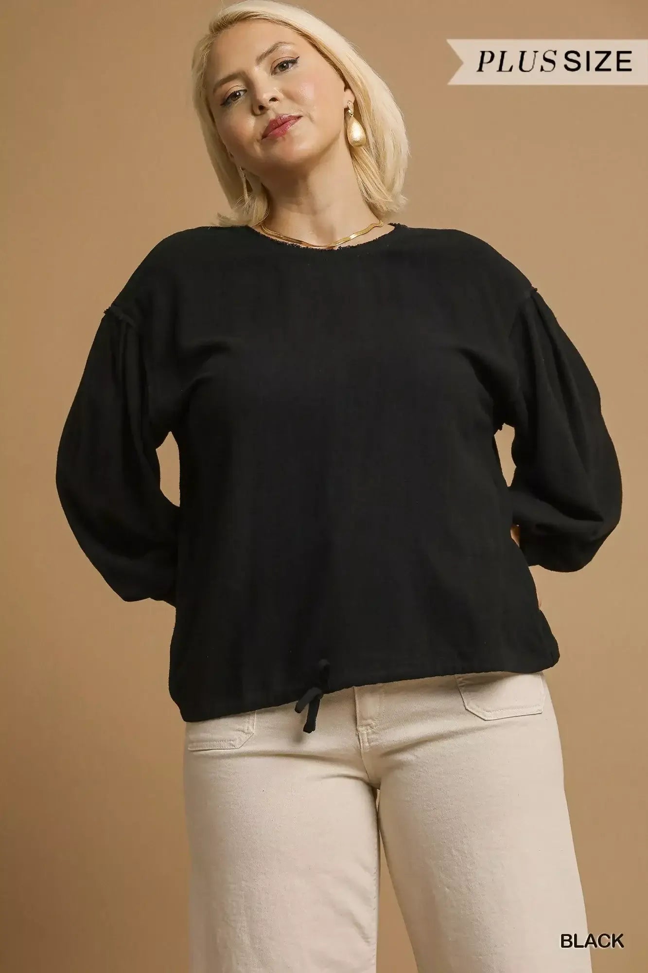 Umgee Full Size Linen Long Sleeve Top with Drawstring Plus Size - Trendsi - Flyclothing LLC