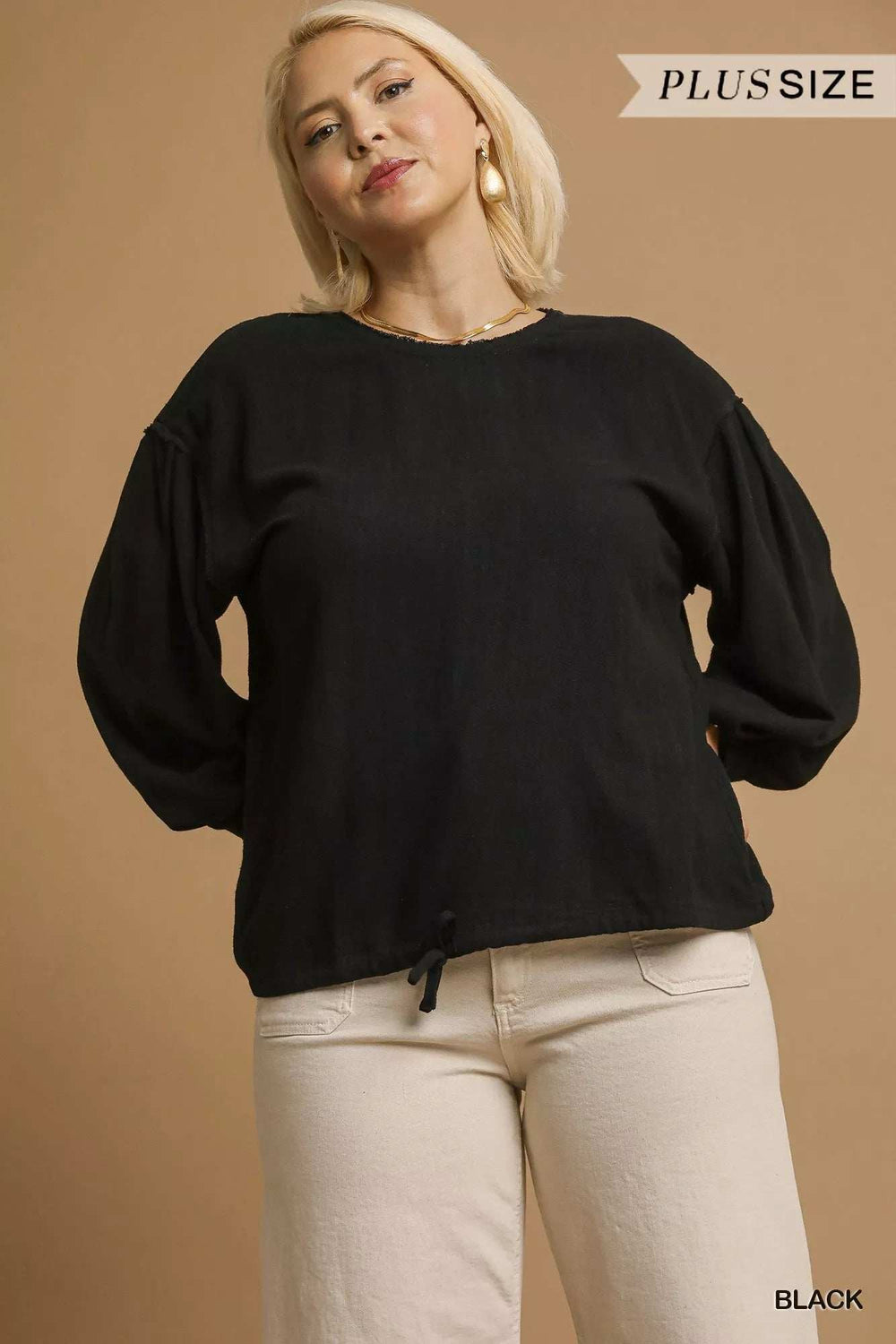 Umgee Full Size Linen Long Sleeve Top with Drawstring Plus Size - Trendsi - Flyclothing LLC