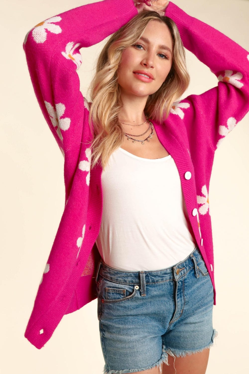Haptics Full Size Daisy Floral Button Down Long Sleeve Cardigan - Trendsi